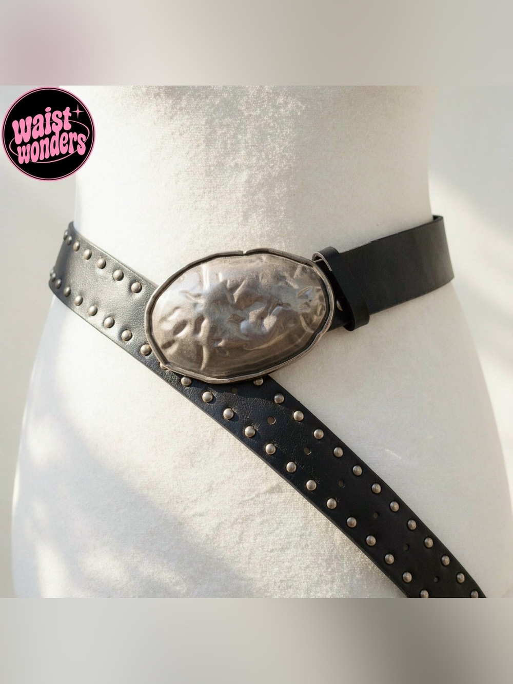 Y2K 2000s style Black leather belt with silver studs and buckle